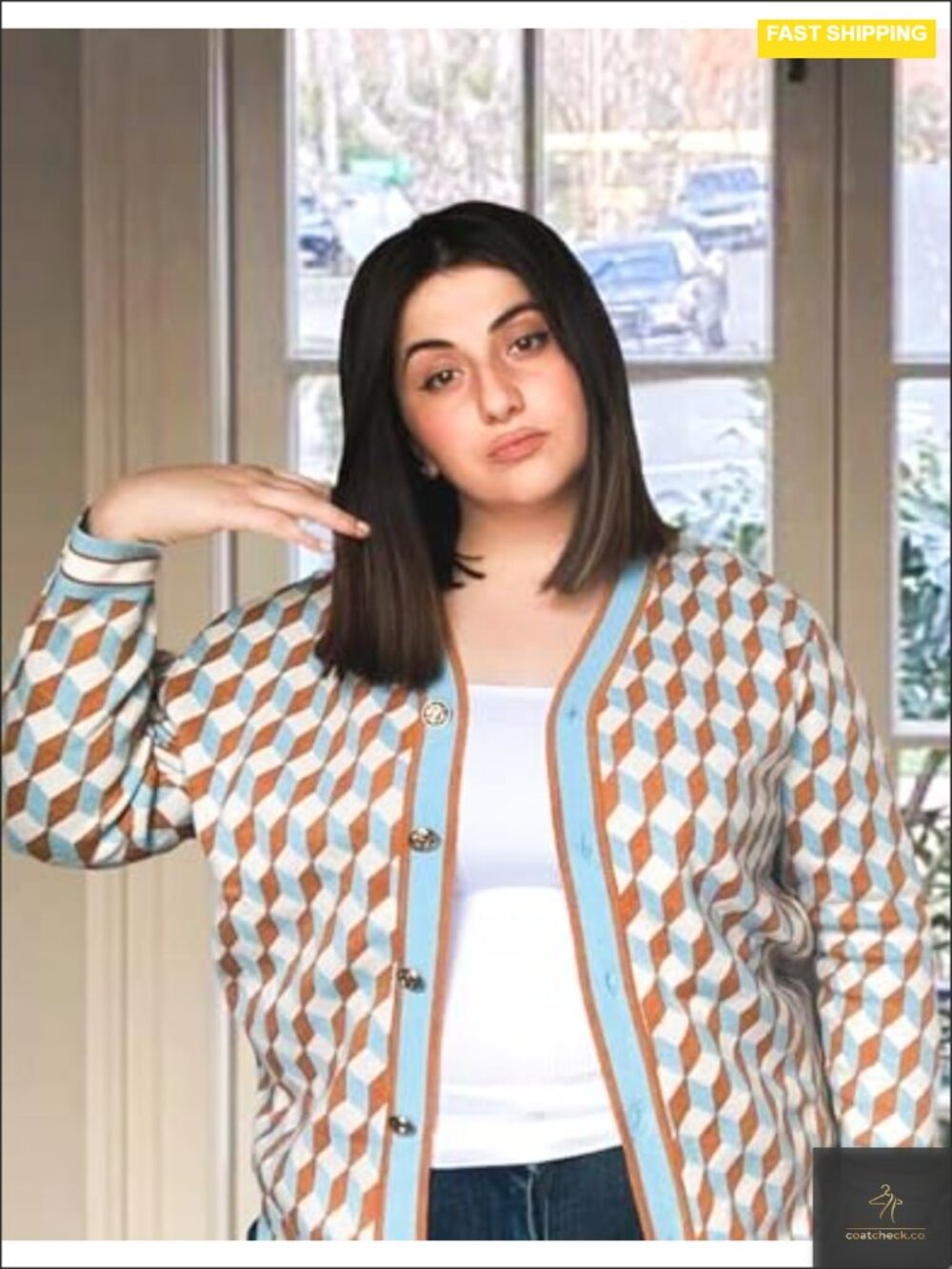 Oversized Checkered Knit Cardigan - 3/4 Sleeve Button Down - Picture 3 of 4
